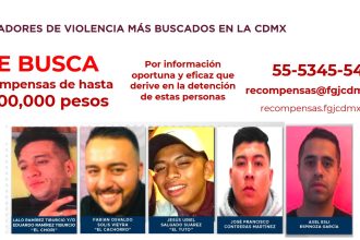 De acuerdo con las fichas de búsqueda dadas a conocer por la FGJCDMX ellos son Eduardo Ramírez Tiburcio, “El Chori”, por quien se ofrecen 5 mdp; Fabián Osvaldo Solís Vieyra, “El Cachorro”, 3 mdp; Jesús Uriel Salgado Suárez, “El Tuto”, 750 mil pesos; José Francisco Contreras Martínez, 500 mil pesos; y Axel Esli Espinoza García, un millón de pesos. FOTO: FGJCDMX