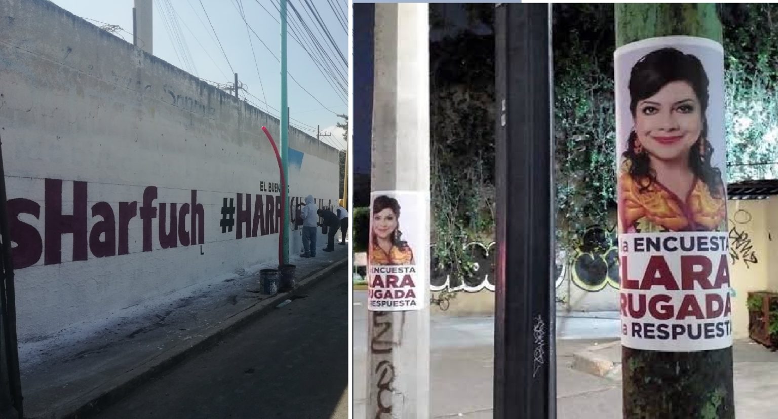 Los aspirantes a la candidatura de Morena para la Jefatura de Gobierno, Clara Brugada y Omar García Harfuch tapizaron la Ciudad de México con pintas en bardas, fotografías pegadas en postes y lonas. FOTOS: X / @JoeCast84 y @Nevyt01