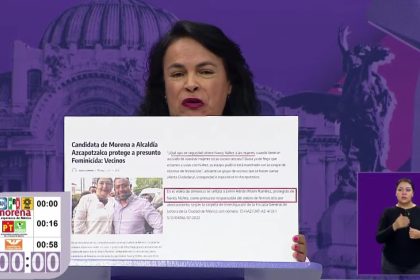 Margarita Saldaña evidenció otra grave incongruencia de Núñez, pues vecinos de la demarcación acusan que su coordinador de campaña, Lenin Adrián Martín Ramírez, está acusado de feminicidio y ella lo protege. FOTO: Captura de pantalla video oficial