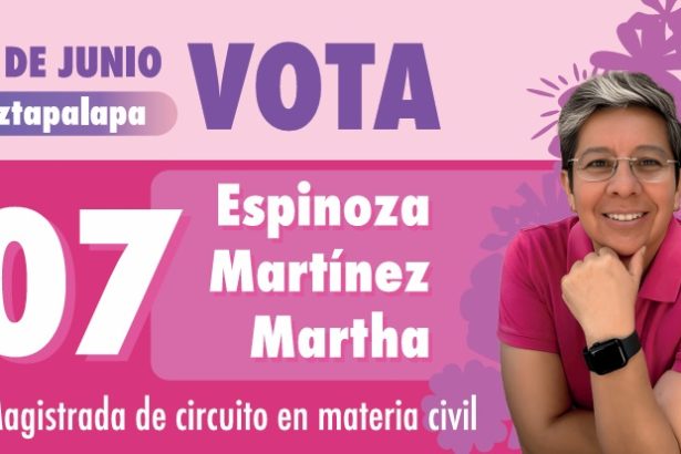 Martha Espinoza Martínez, candidata a magistrada de circuito en materia civil por el Distrito 01 de Iztapalapa, identificada en boleta rosa con el número 07, propone impulsar la creación de un organismo civil, apartidista, ciudadano, para regular la actividad de los abogados en el país y así la justicia funcione.